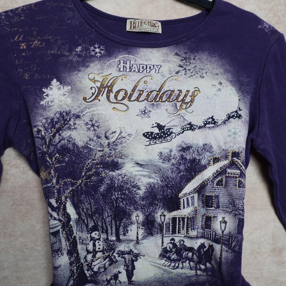 Blue Canyon Happy Holidays Graphic Tee Purple S Y2K - Picture 2 of 5